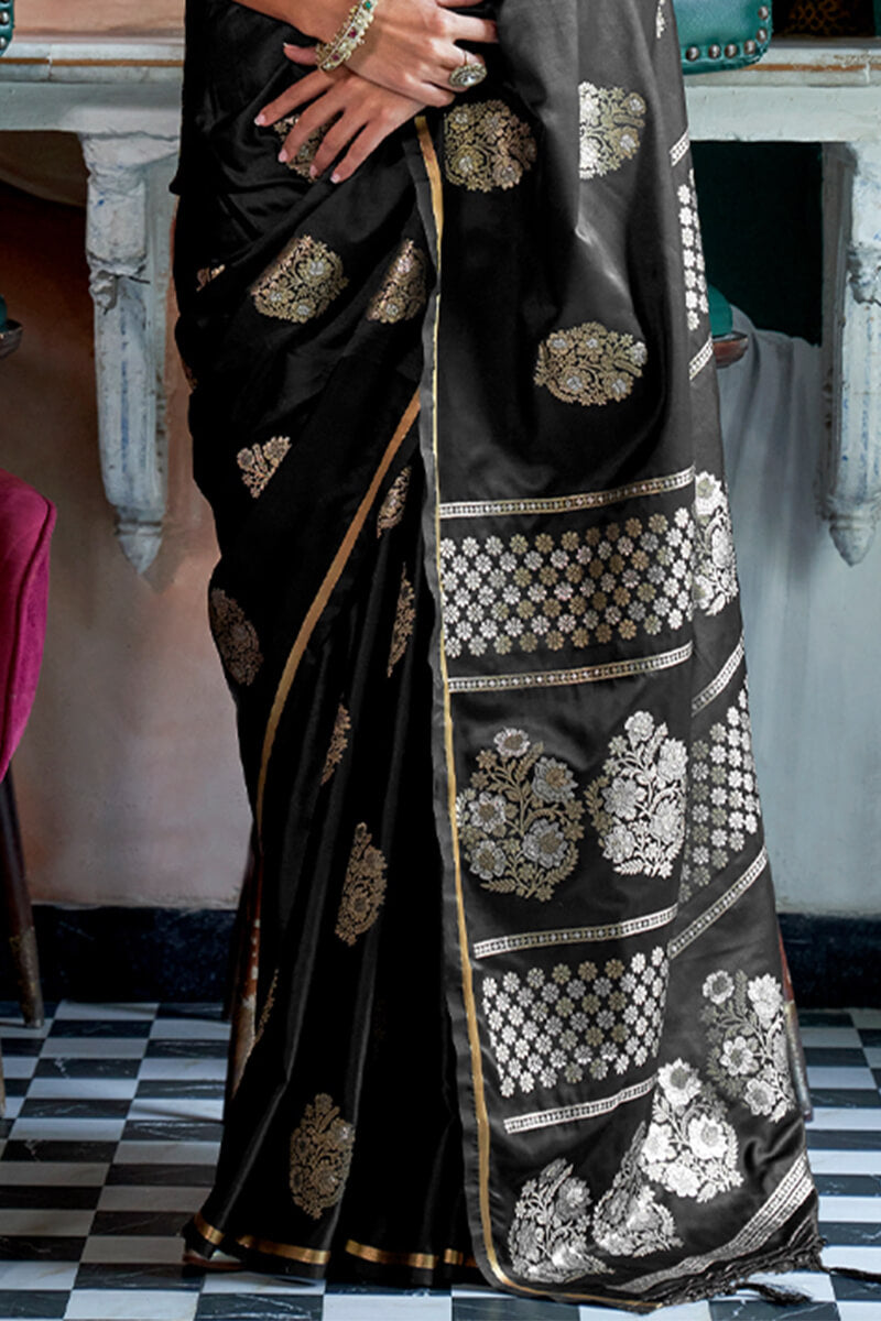 Twirling Black Banarasi Satin Silk Saree With Ideal Blouse