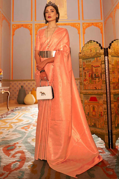 Ideal Peach Kanjivaram Silk Saree With Conflate Blouse Piece