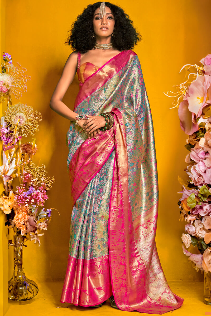 Petrichor Rama Kanjivaram Silk Saree With Engaging Blouse Piece