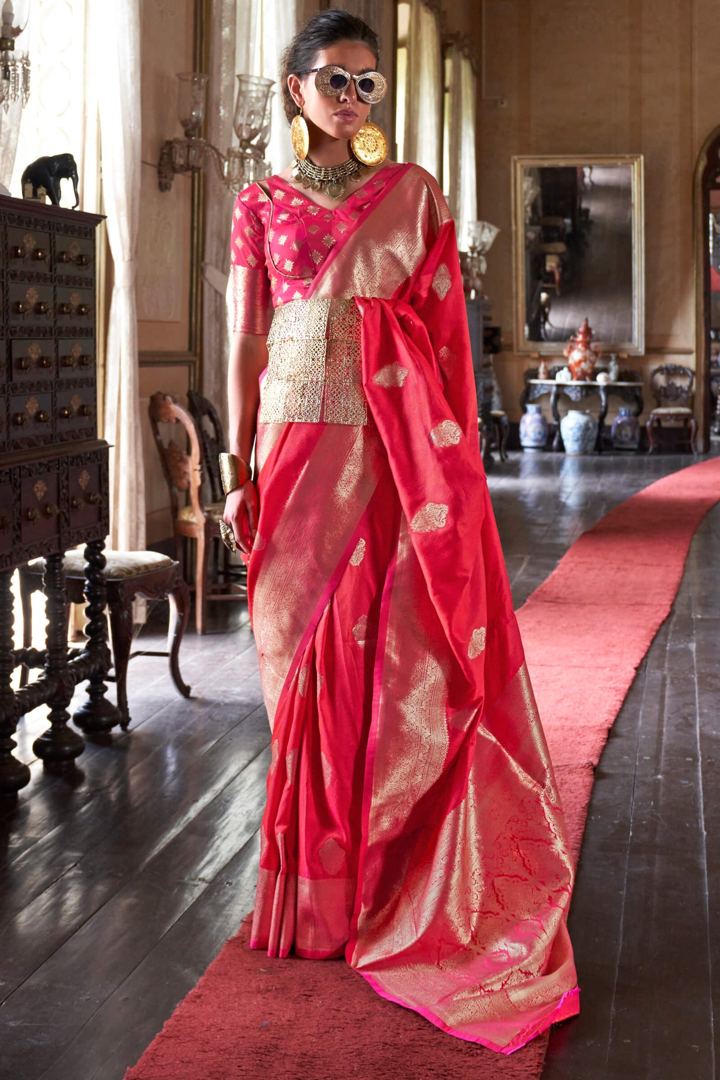Glittering Dark Pink Soft Banarasi Silk Saree With Elision Blouse Piece