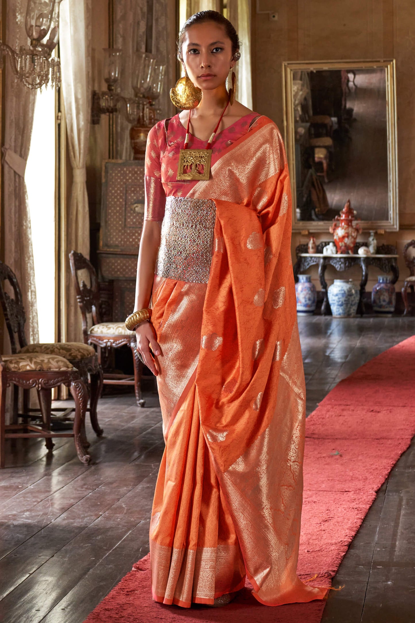 Pleasurable Orange Soft Banarasi Silk Saree With Nebula Blouse Piece