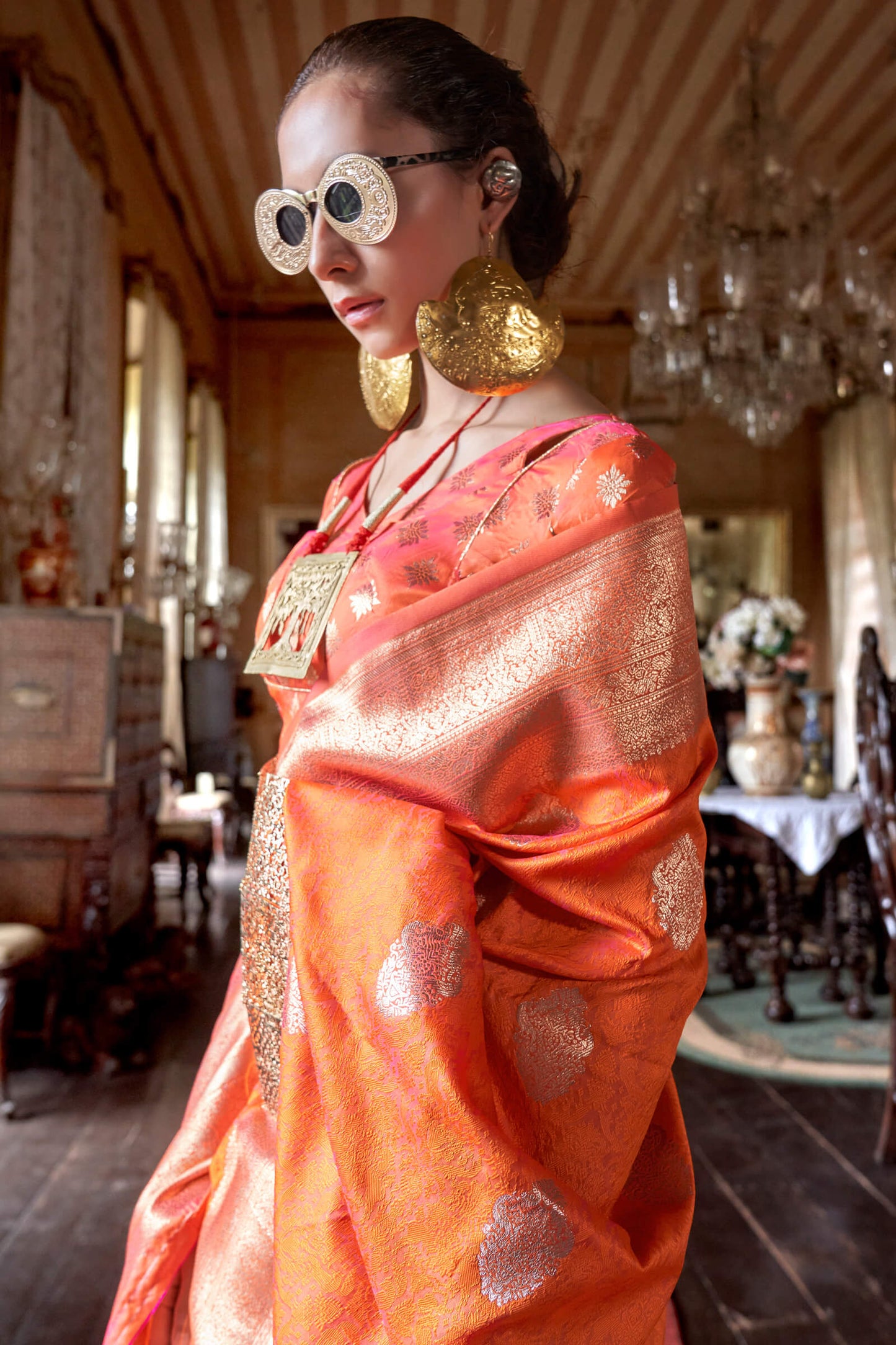 Pleasurable Orange Soft Banarasi Silk Saree With Nebula Blouse Piece