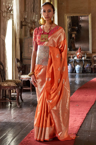 Pleasurable Orange Soft Banarasi Silk Saree With Nebula Blouse Piece