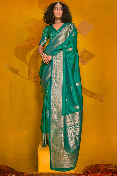 Eloquence Dark Green Soft Banarasi Silk Saree With Propinquity Blouse Piece