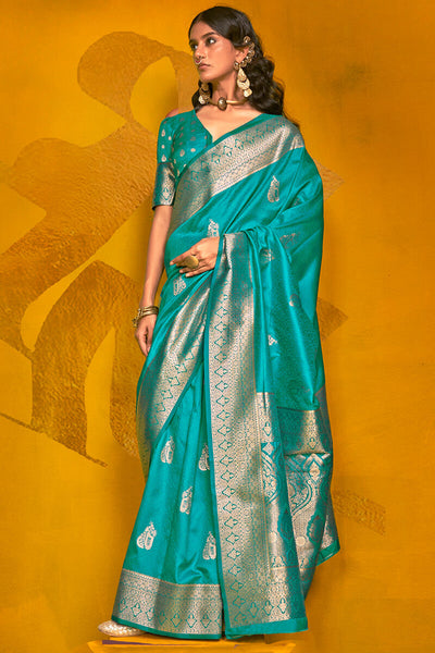Profuse Rama Soft Banarasi Silk Saree With Charismatic Blouse Piece