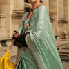 Attractive Sea Green Soft Banarasi Silk Saree With Whimsical Blouse Piece
