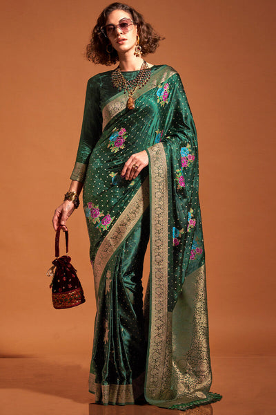 Propinquity Dark Green Banarasi Satin Silk Saree With Susurrous Blouse