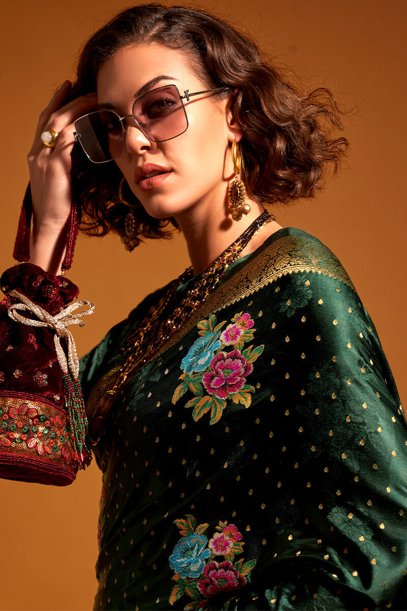 Propinquity Dark Green Banarasi Satin Silk Saree With Susurrous Blouse