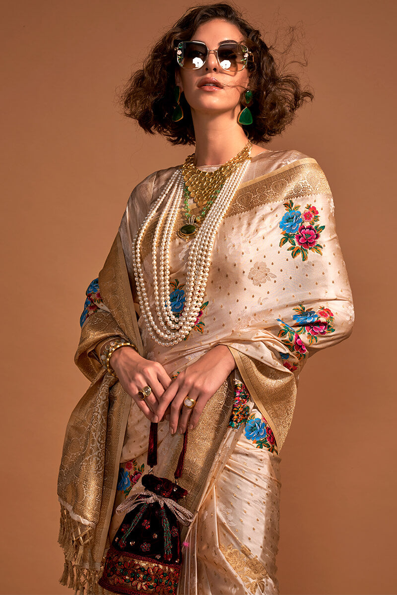 Exemplary Beige Banarasi Satin Silk Saree With Lustrous Blouse