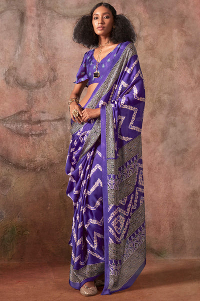 Innovative Violet Ajrakh Printed Satin Silk Saree With Exquisite Blouse Piece
