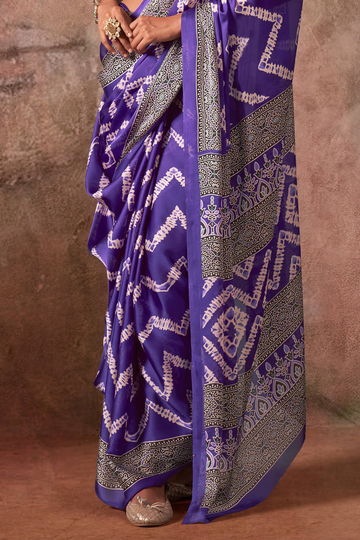 Innovative Violet Ajrakh Printed Satin Silk Saree With Exquisite Blouse Piece