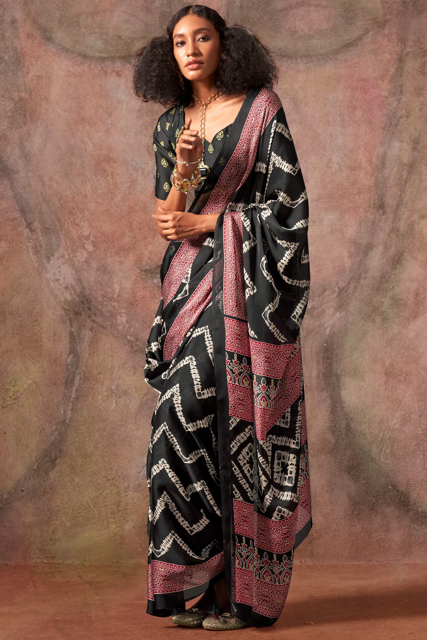 Comely Black Ajrakh Printed Satin Silk Saree With Demanding Blouse Piece