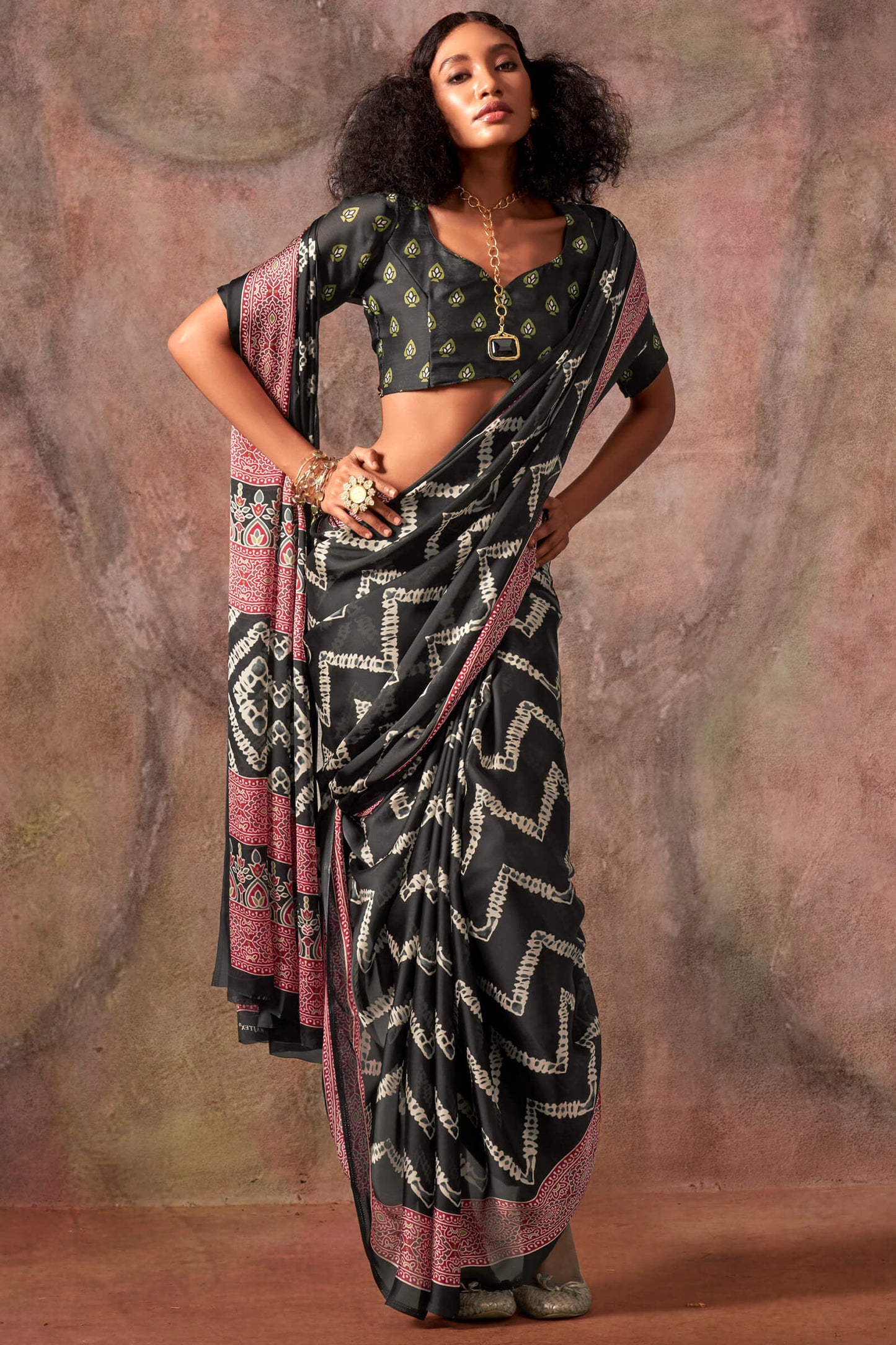 Comely Black Ajrakh Printed Satin Silk Saree With Demanding Blouse Piece