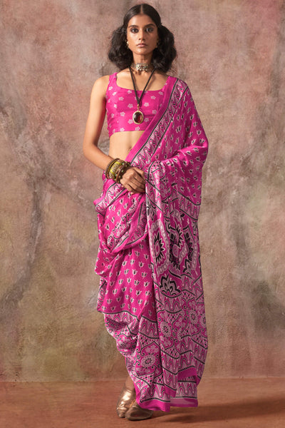 Assemblage Dark Pink Ajrakh Printed Satin Silk Saree With Sophisticated Blouse Piece