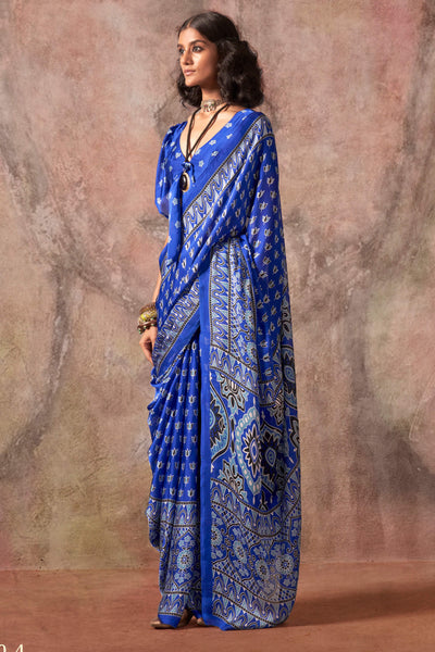 Forbearance Blue Ajrakh Printed Satin Silk Saree With Divine Blouse Piece