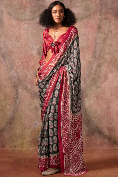 Desuetude Black Ajrakh Printed Satin Silk Saree With Glorious Blouse Piece