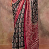 Desuetude Black Ajrakh Printed Satin Silk Saree With Glorious Blouse Piece