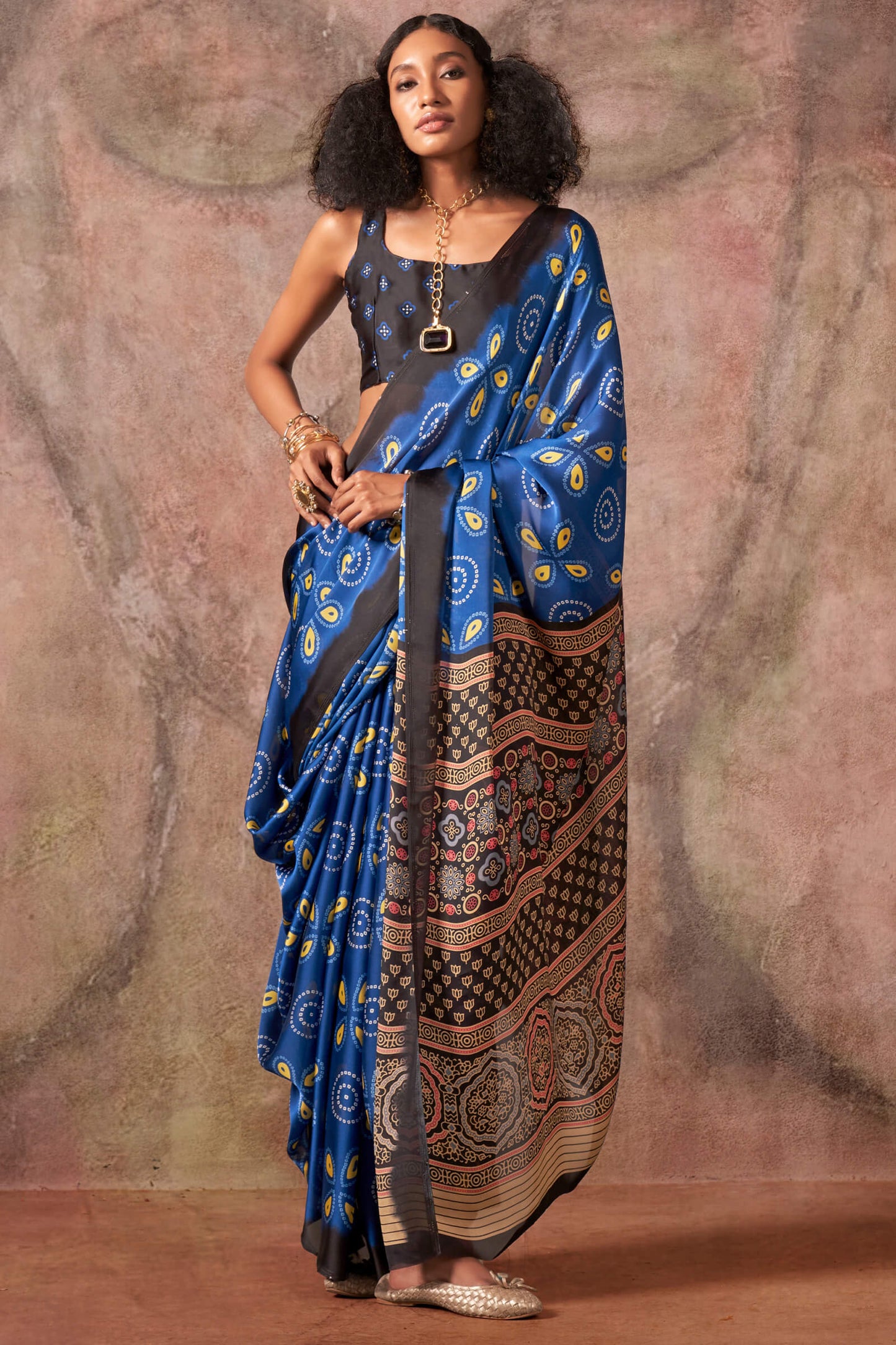Jazzy Royal Blue Ajrakh Printed Satin Silk Saree With Captivating Blouse Piece