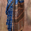 Jazzy Royal Blue Ajrakh Printed Satin Silk Saree With Captivating Blouse Piece
