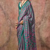 Lagniappe Sea Green Ajrakh Printed Satin Silk Saree With Glamorous Blouse Piece