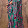 Lagniappe Sea Green Ajrakh Printed Satin Silk Saree With Glamorous Blouse Piece