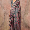 Susurrous Grey Ajrakh Printed Satin Silk Saree With Blissful Blouse Piece