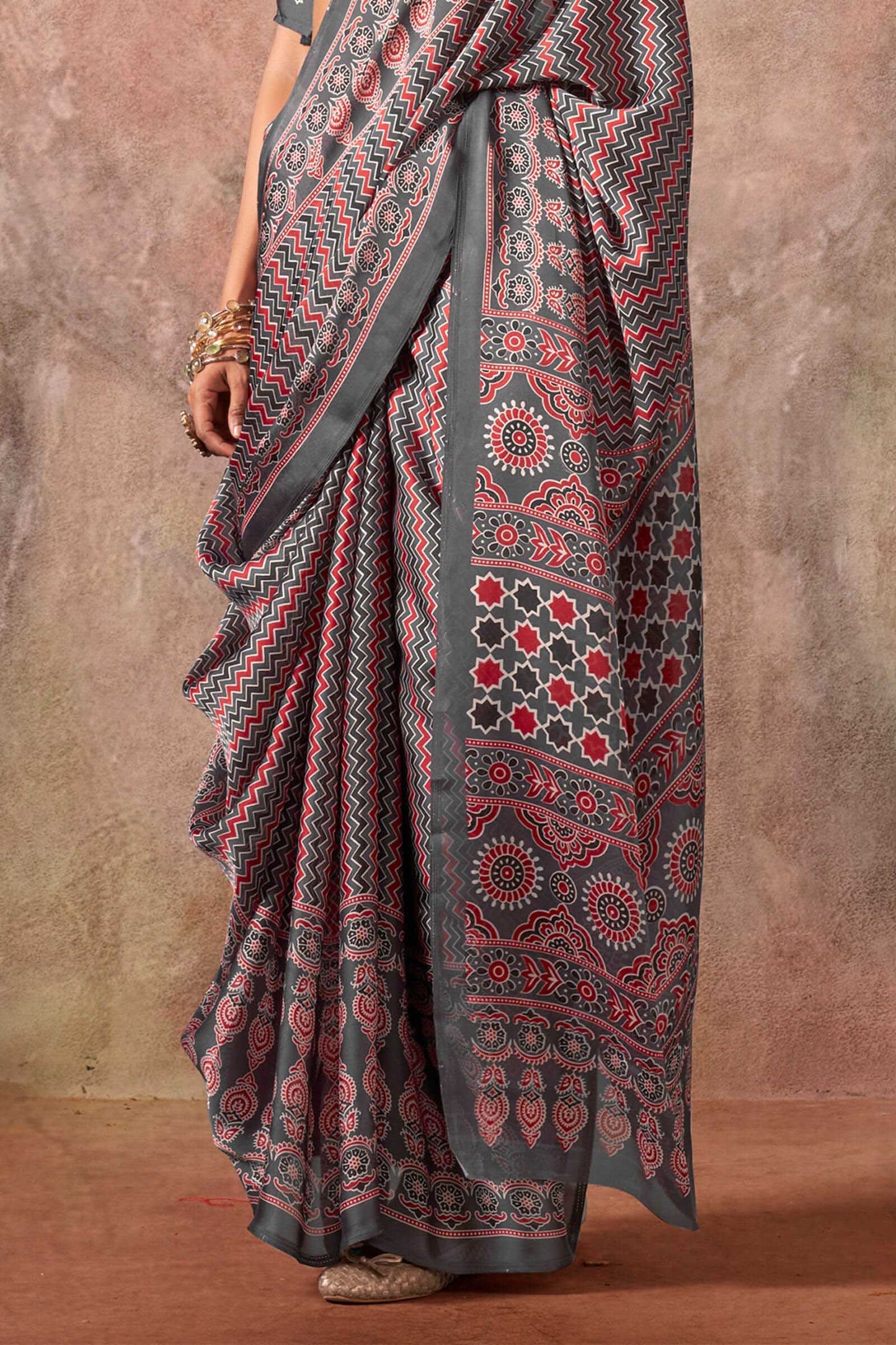 Susurrous Grey Ajrakh Printed Satin Silk Saree With Blissful Blouse Piece