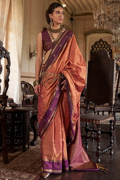 Efflorescence Peach Banarasi Tussar Silk Saree With Seraphic Blouse Piece