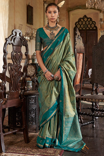 Alluring Green Banarasi Tussar Silk Saree With Surreptitious Blouse Piece
