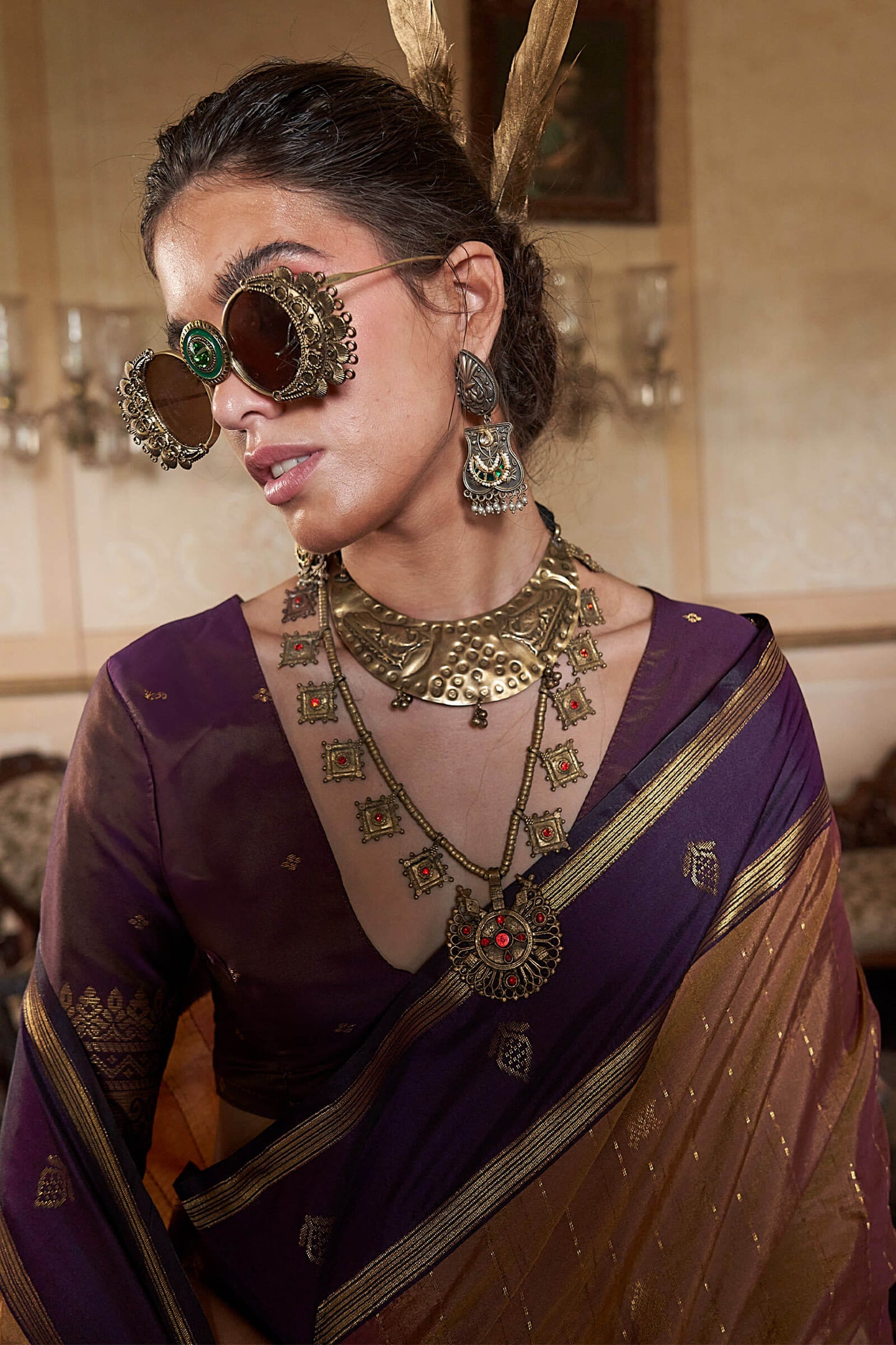 Vibrant Brown Banarasi Tussar Silk Saree With Ethnic Blouse Piece