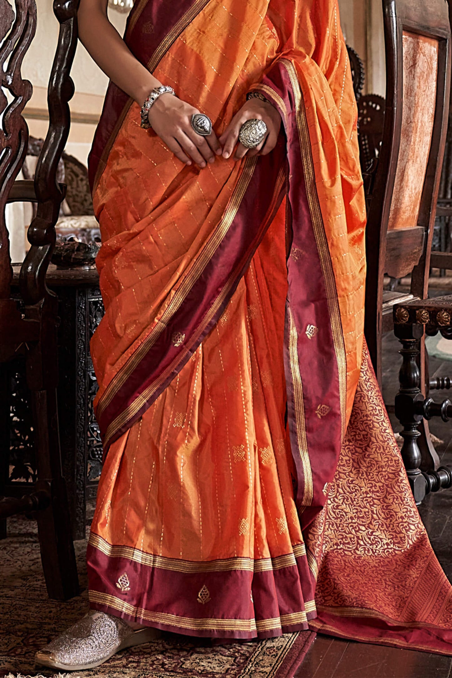 Exceptional Orange Banarasi Tussar Silk Saree With Imaginative Blouse Piece