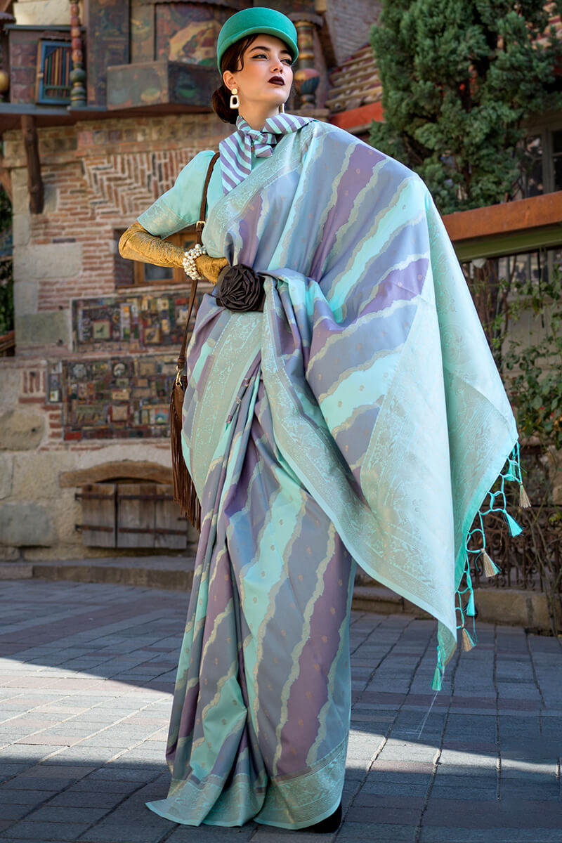 Seraglio Sky Soft Banarasi Silk Saree With Petrichor Blouse Piece