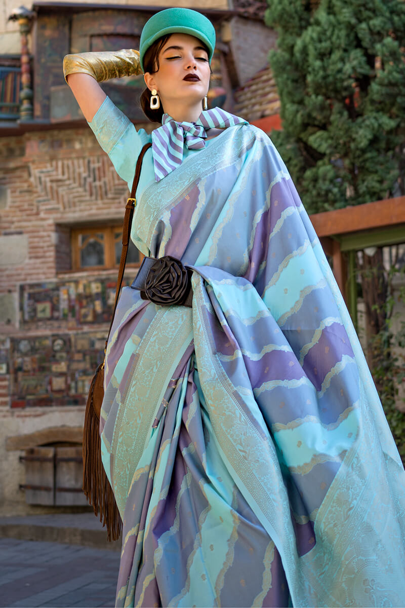 Seraglio Sky Soft Banarasi Silk Saree With Petrichor Blouse Piece