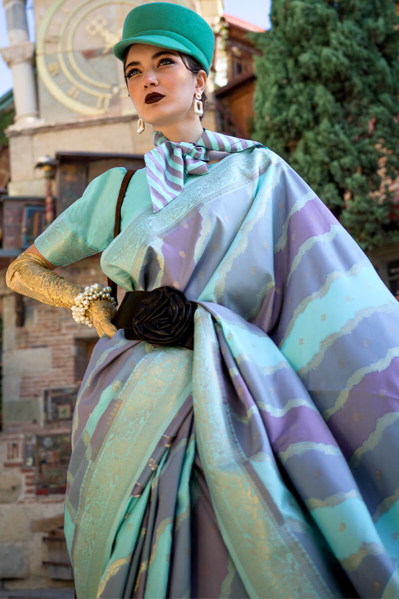 Seraglio Sky Soft Banarasi Silk Saree With Petrichor Blouse Piece