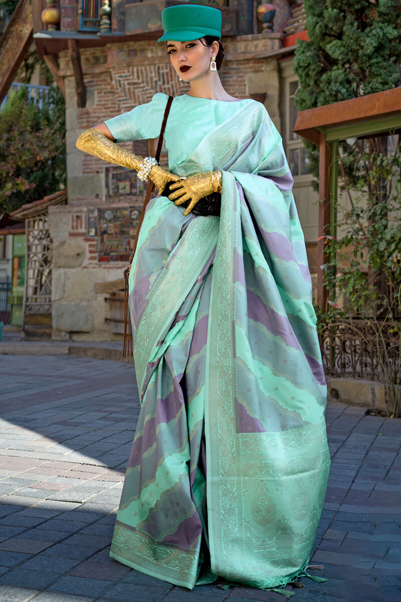 Prettiest Turquoise Soft Banarasi Silk Saree With Blooming Blouse Piece