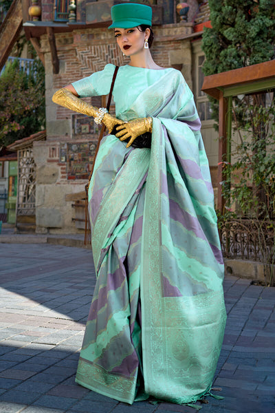 Prettiest Turquoise Soft Banarasi Silk Saree With Blooming Blouse Piece