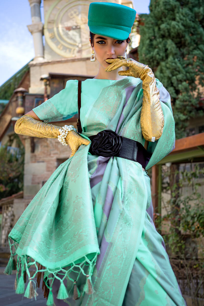 Prettiest Turquoise Soft Banarasi Silk Saree With Blooming Blouse Piece