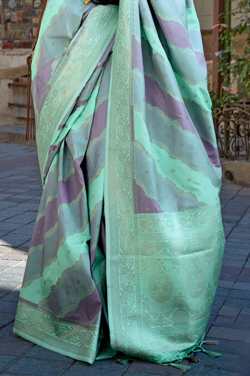 Prettiest Turquoise Soft Banarasi Silk Saree With Blooming Blouse Piece