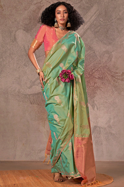 Prominent Pista Two Tone Soft Banarasi Silk Saree With Precious Blouse