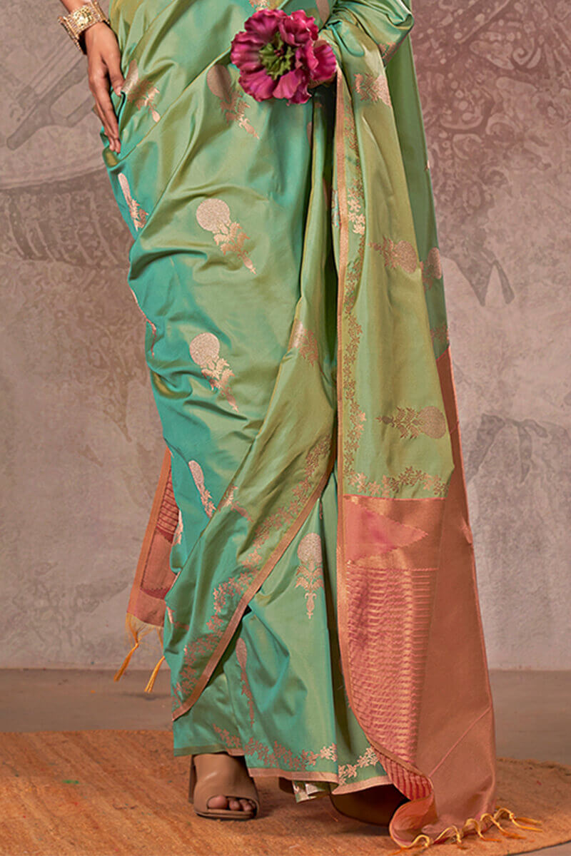 Prominent Pista Two Tone Soft Banarasi Silk Saree With Precious Blouse