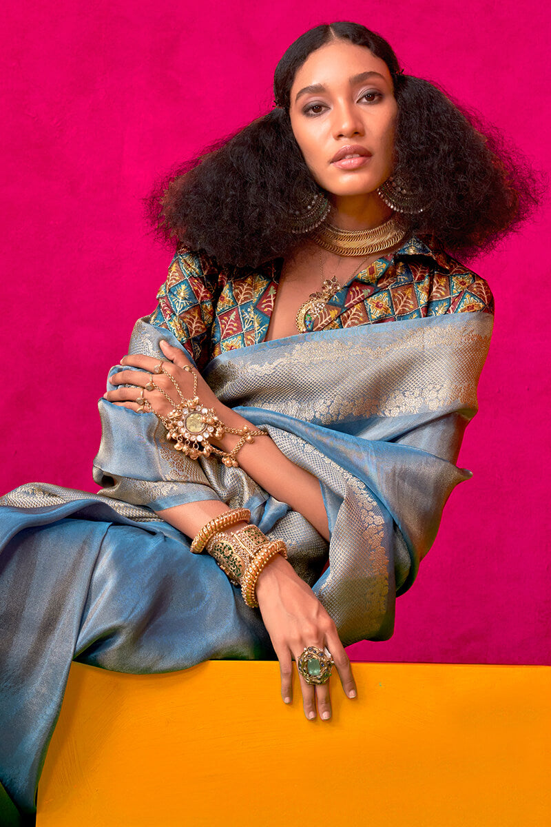 Ravishing Blue Soft Banarasi Tissue Silk Saree With Seraphic  Blouse Piece