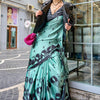 Imaginative Turquoise Digital Printed Satin Silk Saree With Splendiferous Blouse Piece