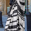Trendy Black and Off White Digital Printed Satin Silk Saree With Flattering Blouse Piece