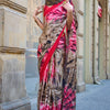 Appealing Brown and Pink Digital Printed Satin Silk Saree With Engrossing Blouse Piece