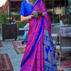Ebullience Pink and Blue Digital Printed Satin Silk Saree With Imbrication Blouse Piece