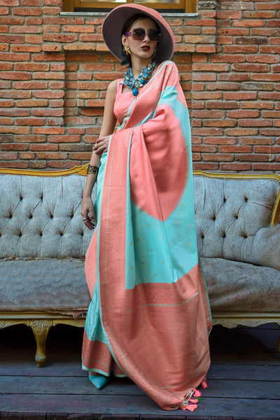 Surpassing Sky Soft Banarasi Silk Saree With Groovy Blouse Piece