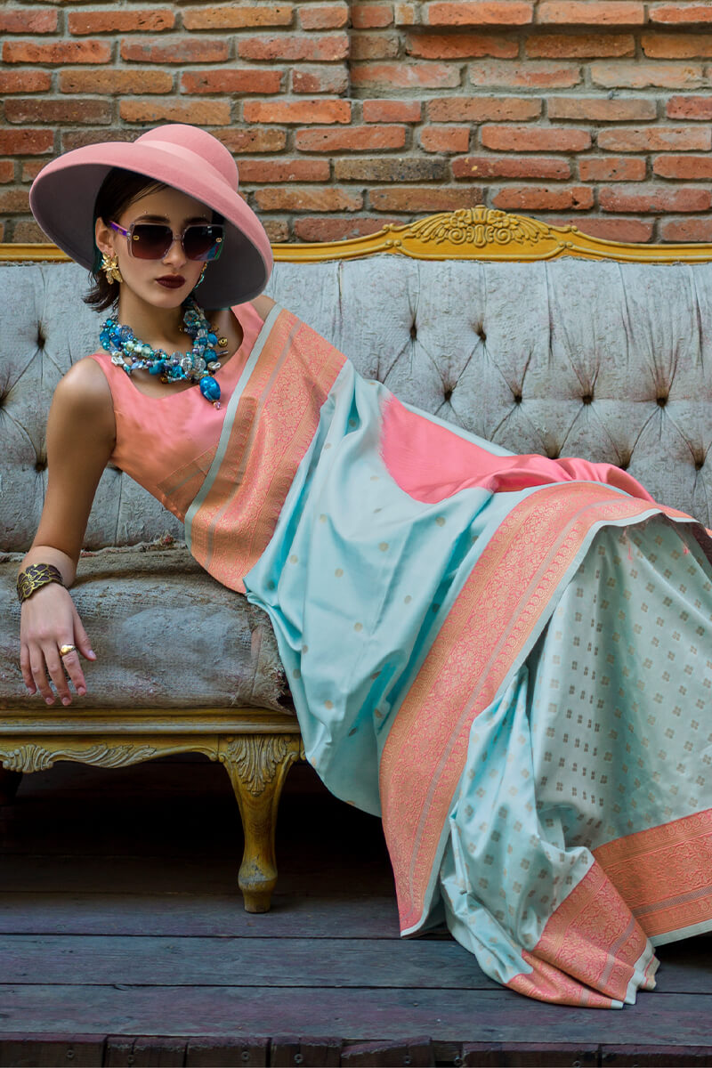 Surpassing Sky Soft Banarasi Silk Saree With Groovy Blouse Piece