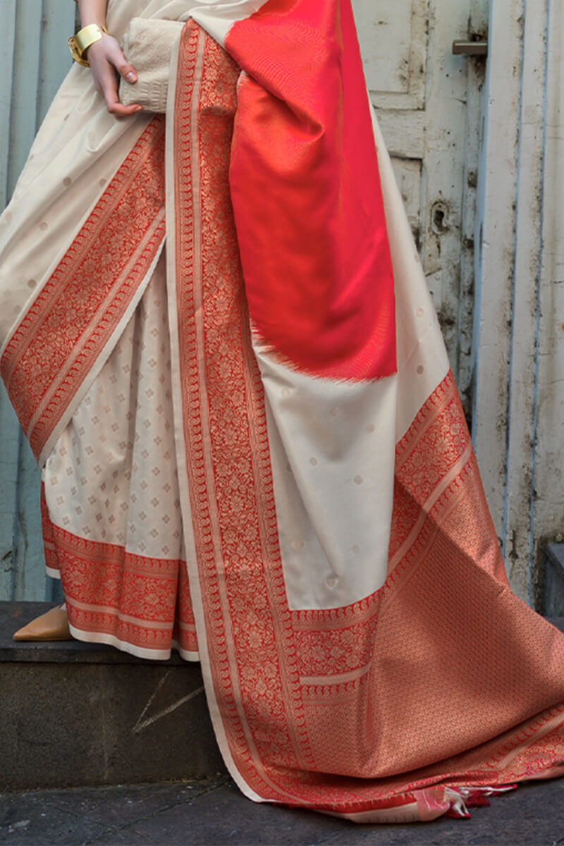 Beauteous Beige and Red Soft Banarasi Silk Saree With Divine Blouse Piece