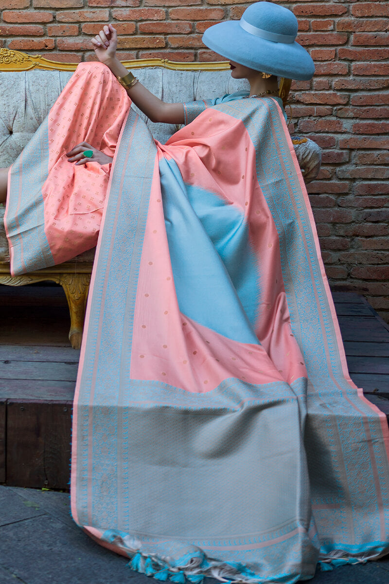 Enthralling Peach Soft Banarasi Silk Saree With Alluring Blouse Piece