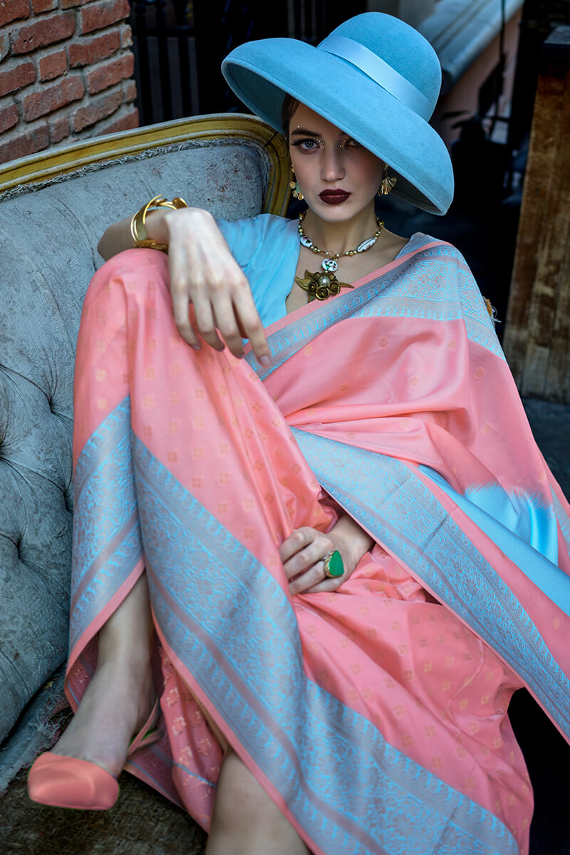 Enthralling Peach Soft Banarasi Silk Saree With Alluring Blouse Piece